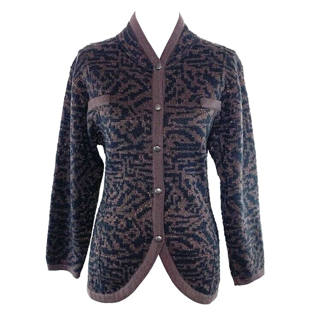 JAEGER Womens Cardigan Sweater Wool Blend Size S Button Front Metallic Sparkly